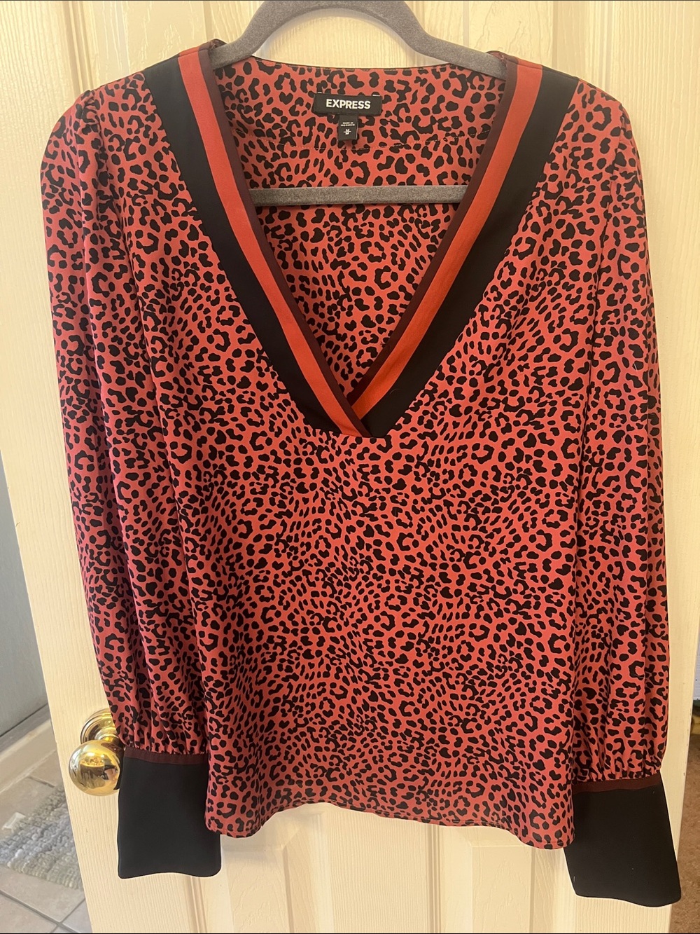Express Red and Black Leopard Print V-Neck Top